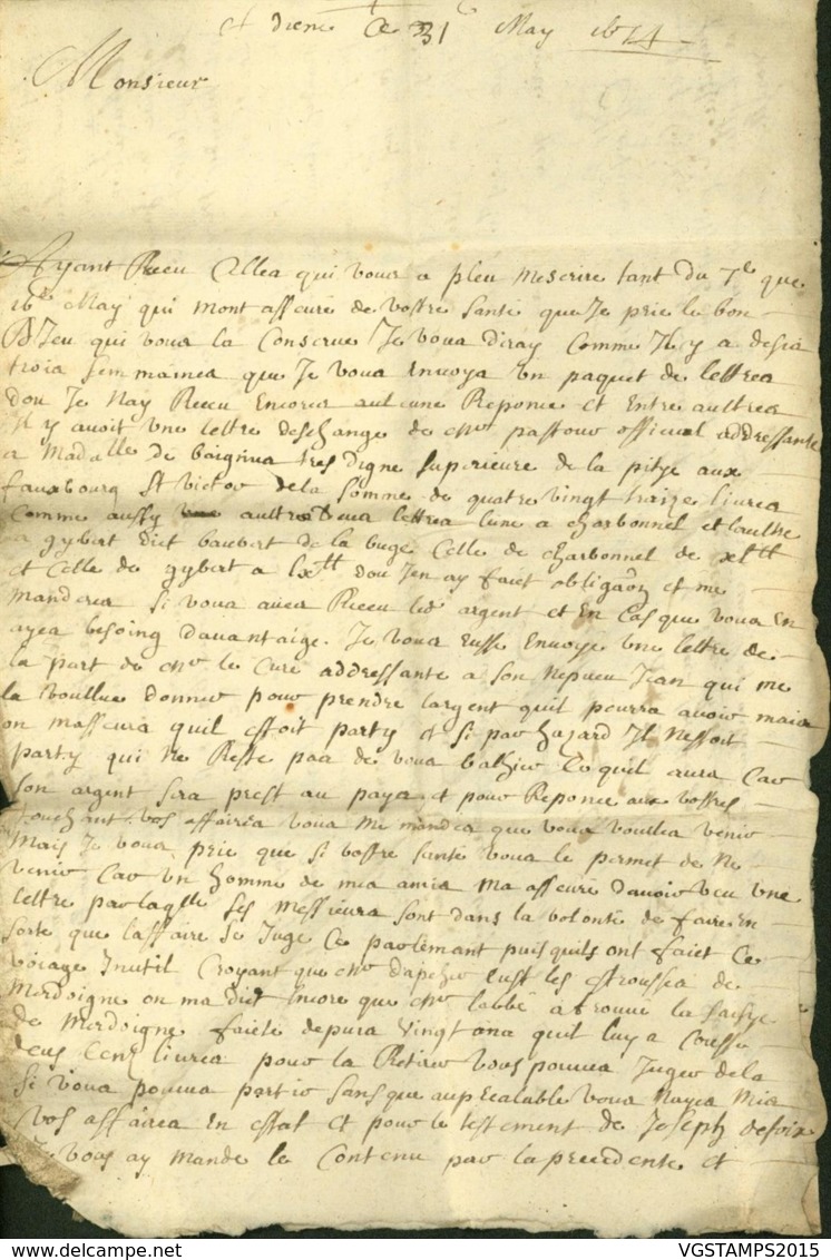 France 1674 - Lettre Avec Courrier Particulaire 31/05/1674 De Dieppe Vers Paris Taxe "5" (7G34626)DC2602 - ....-1700: Précurseurs