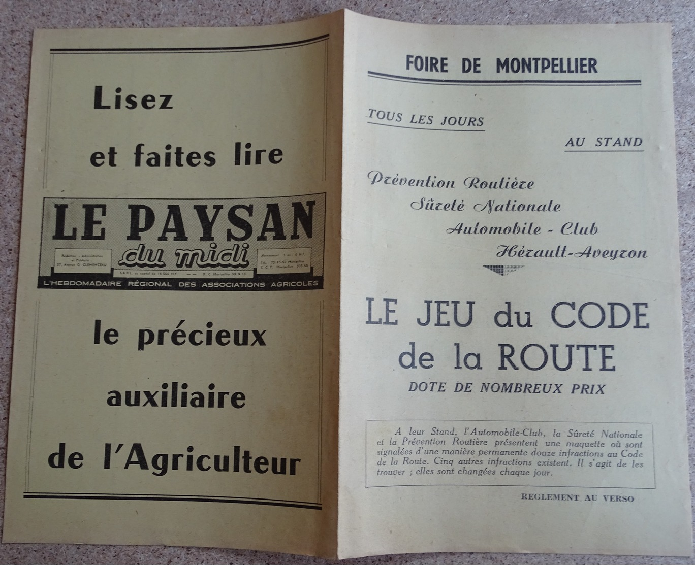 Pub Ancienne (année 60) Foire De Montpellier - Le Jeu Du Code De La Route Automobile Club Hérault Aveyron - Publicités