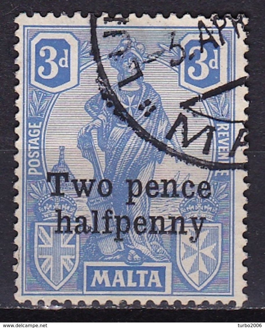 MALTA 1925 Overprint Two Pence Halfpenny On Malta & Britannia 3 P Ultramarine Mi. 97 - Malta