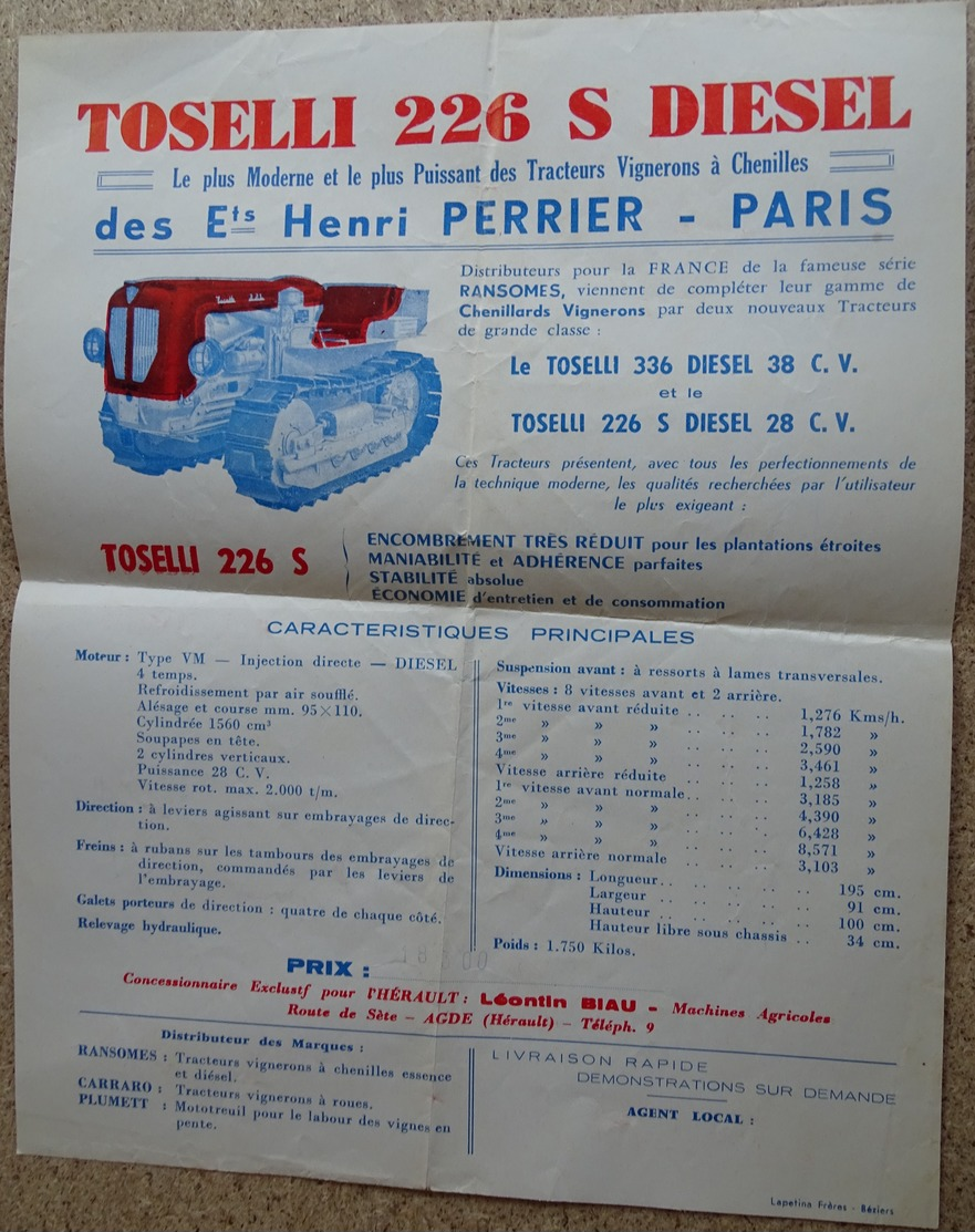 Pub Ancienne - Tracteur Toselli 226 S Diesel - Tracteur Vignerons - Henri Perrier Paris - Publicités