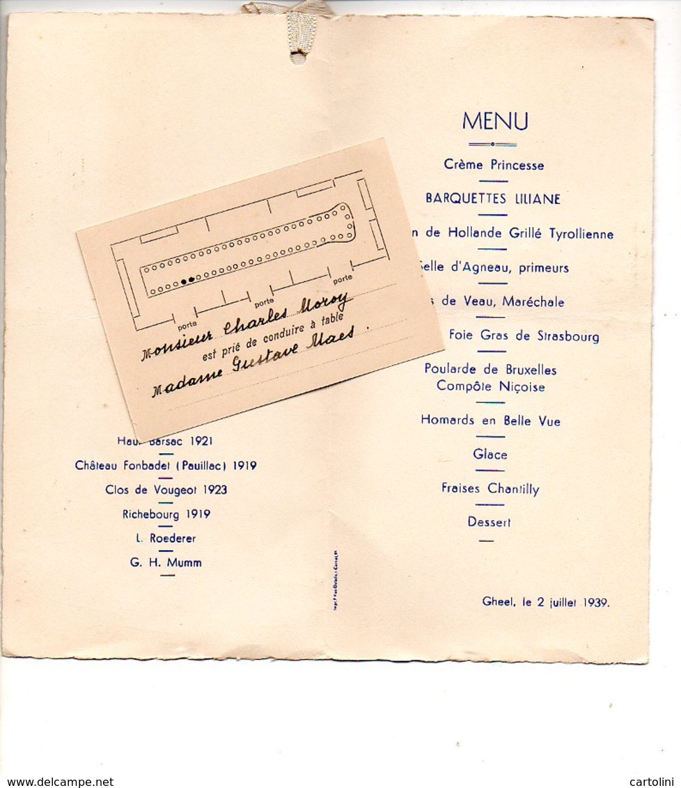 Menu Spijskaart Communie Communion Liliane Geel Gheel 1939 Vins Wijn Wine Wein Vino En Francais - Menus