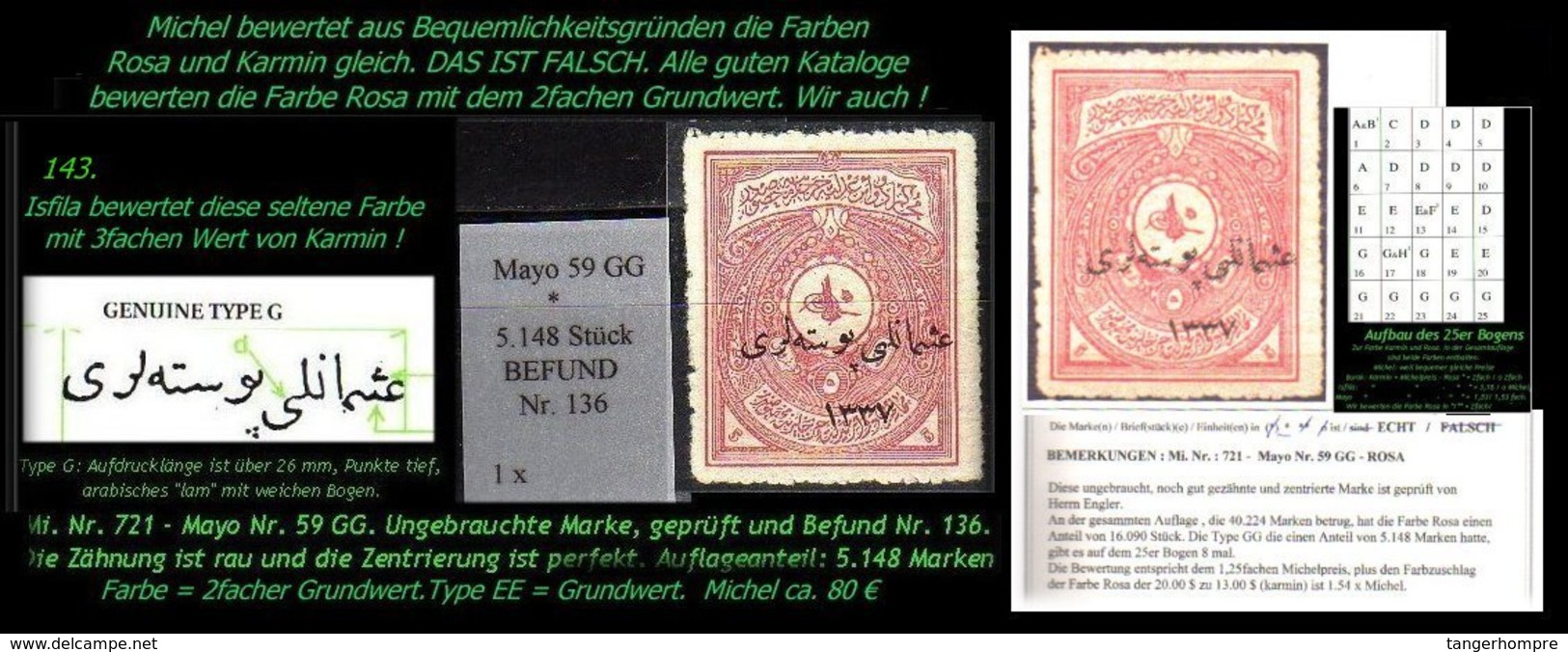 EARLY OTTOMAN SPECIALIZED FOR SPECIALIST, SEE...Mi. Nr. 721 - Mayo 59 GG -  Rosarot - Auflagenanteil 5.148 Stück - 1920-21 Anatolia