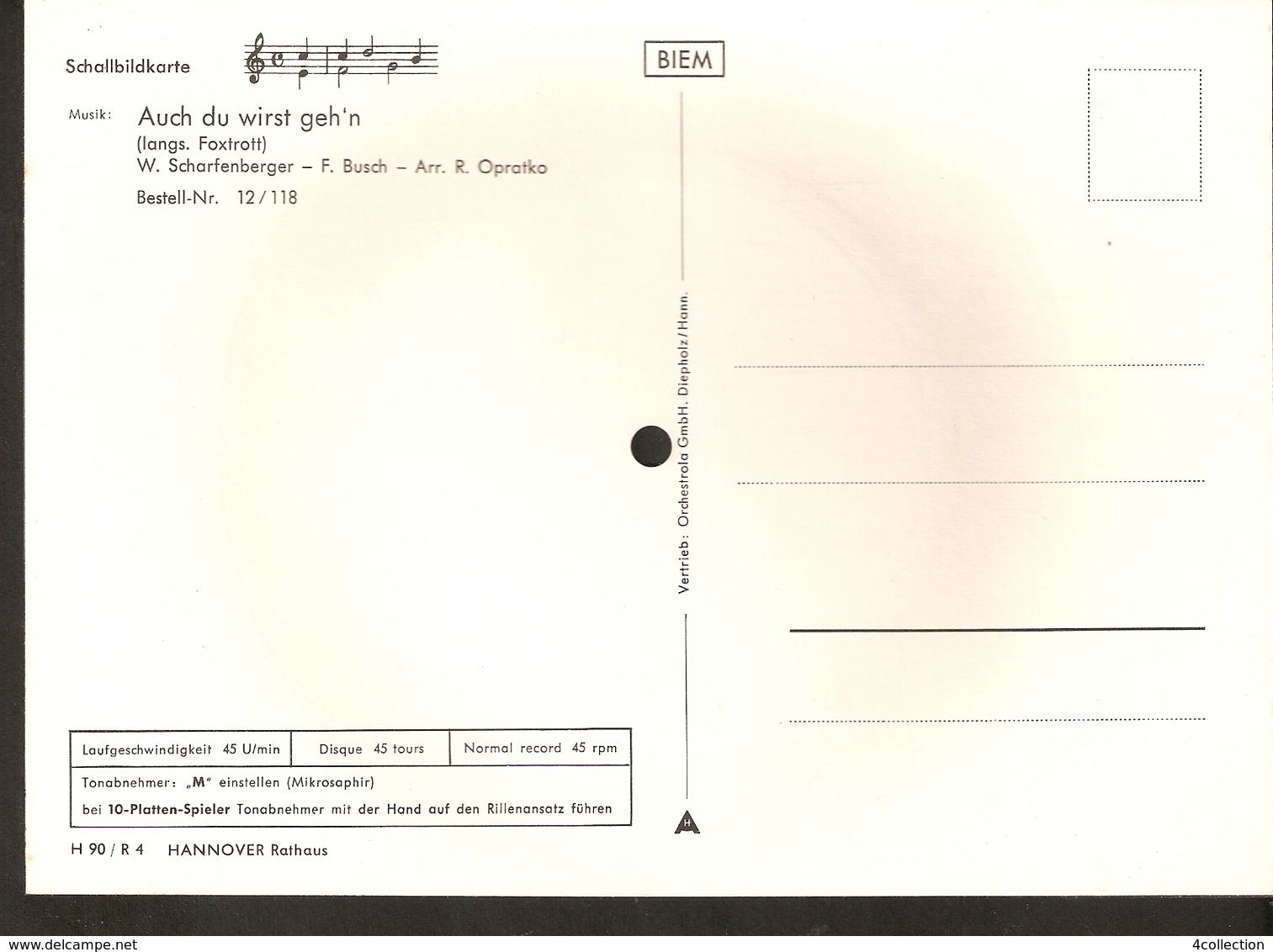 Old Musical 45rpm Record Postcard Schallbildkarte Hannover Auch Du Wirst Geh'n Scharfenberger Busch Opratko Orchestrola - Other & Unclassified