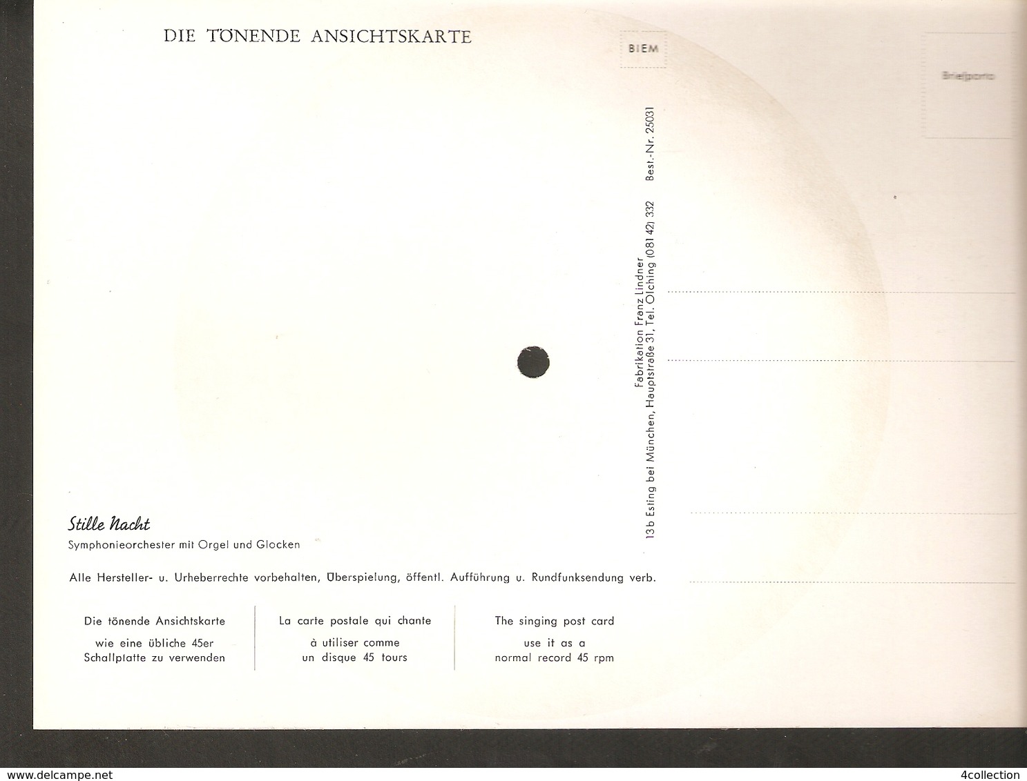 Old Musical 45rpm Record Postcard Schallbildkarte Stille Nacht Christmas Symphonieorchester Mit Orgel Und Glocken - Other & Unclassified