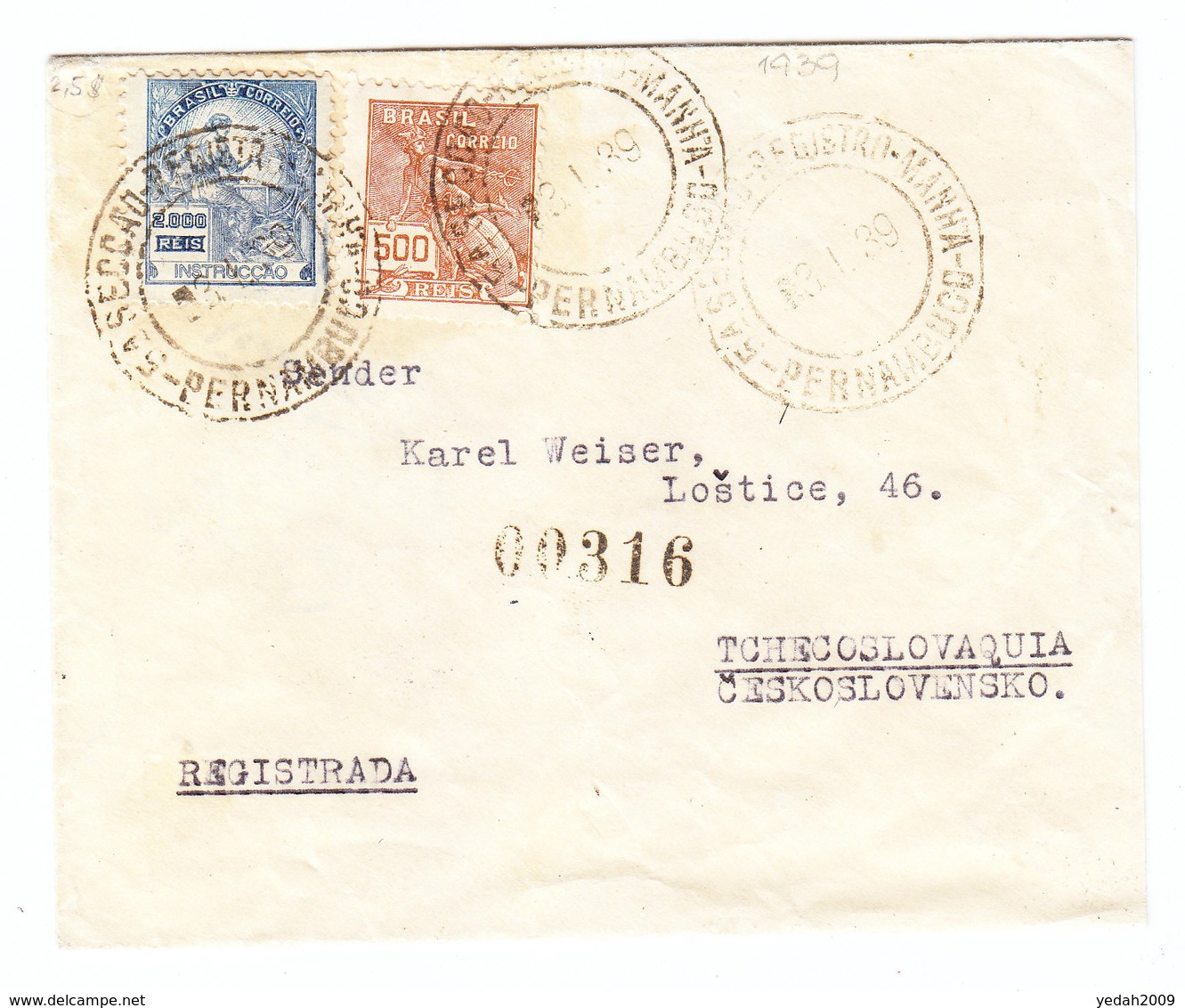 Brazil COVER Pernambuco Lostice Czechoslovakia REGISTERED 1939 - Covers & Documents