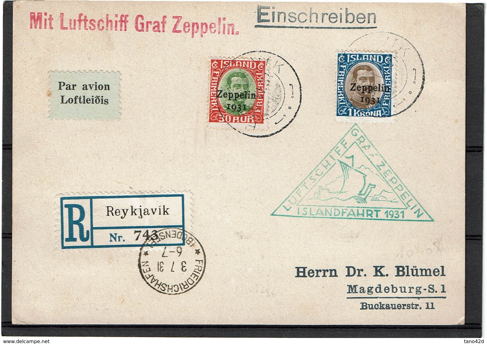 LMON3 - ISLANDE LES 2 TPM SUR CARTE COMMEMORATIVE ZEPPELIN 30/6/1931 - Airmail