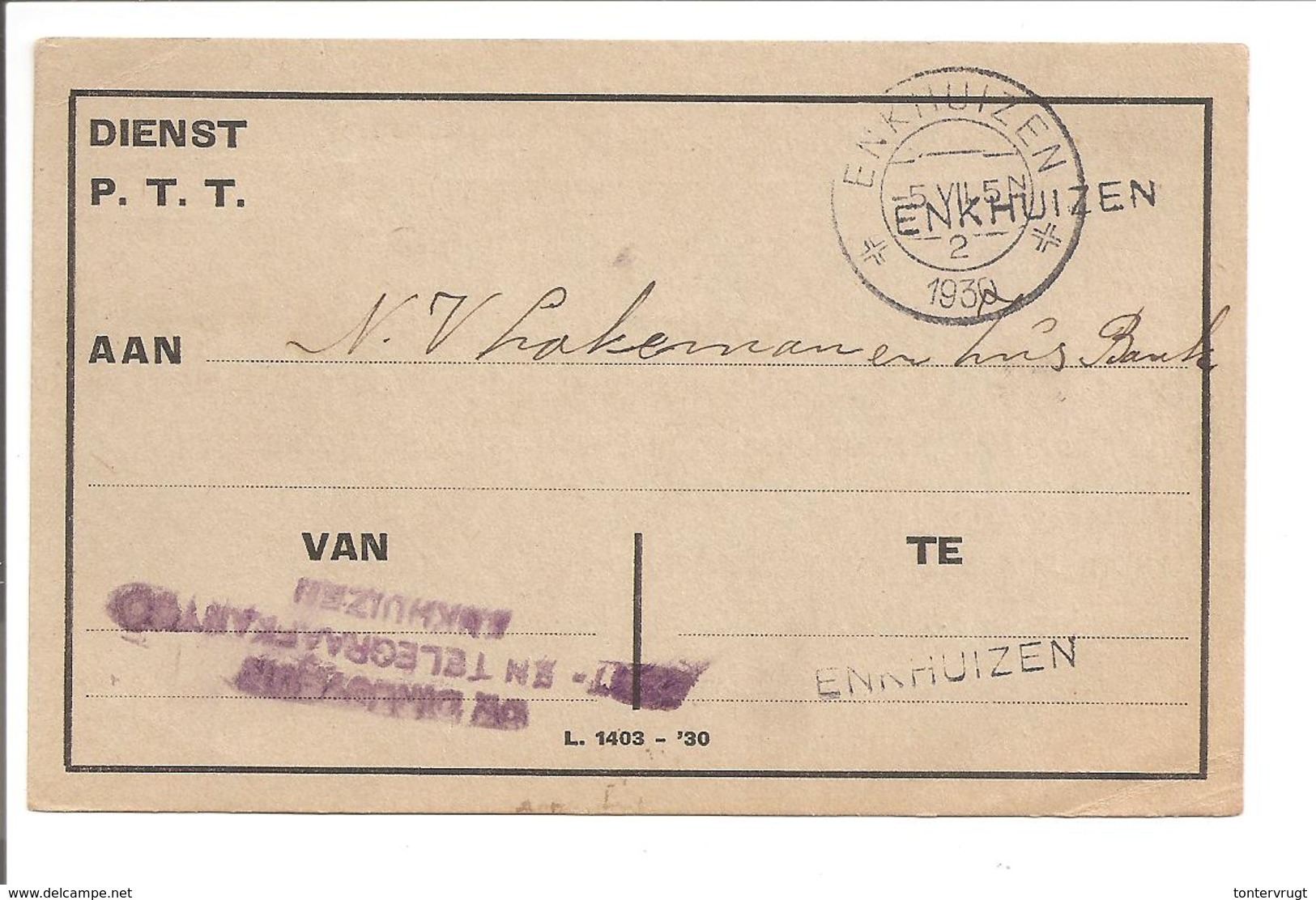 Rijkstelefoondienst Enkhuizen 1930 - Brieven En Documenten