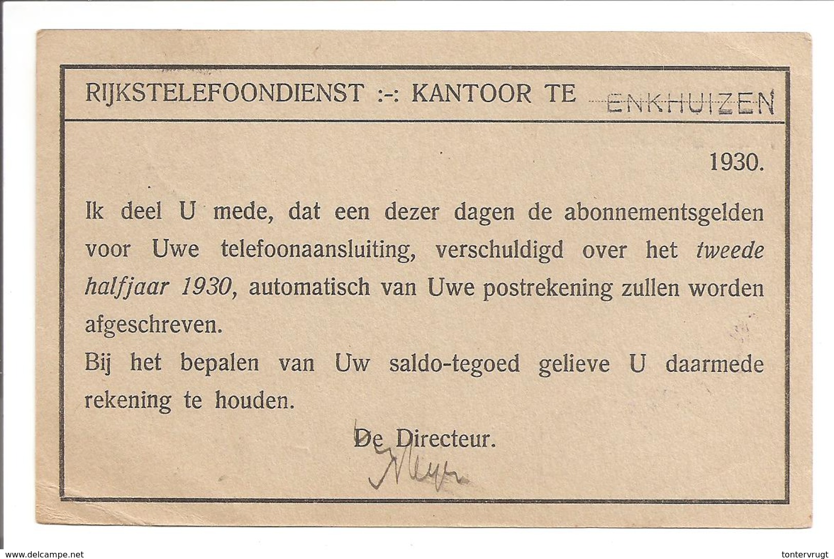 Rijkstelefoondienst Enkhuizen 1930 - Brieven En Documenten