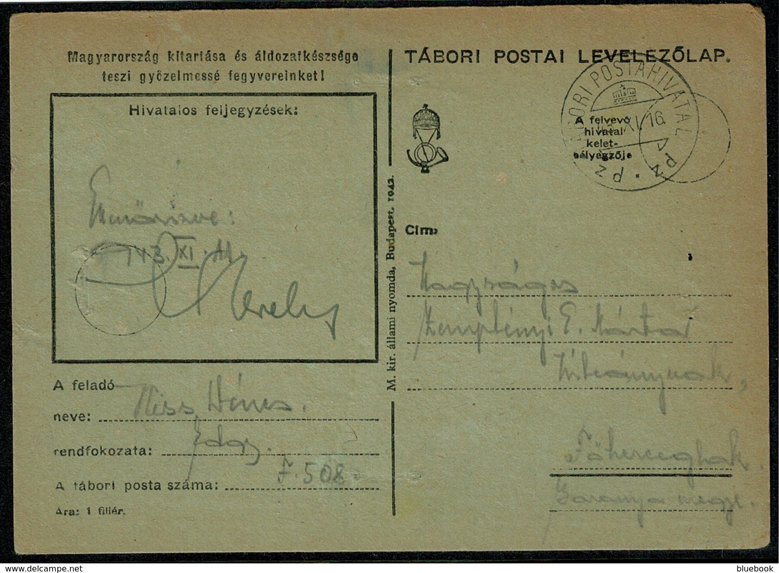 Ref 1281 - 1943 WWII Hungary Military Postal Stationery Card - Tabori Postai Levelezolap - Brieven En Documenten