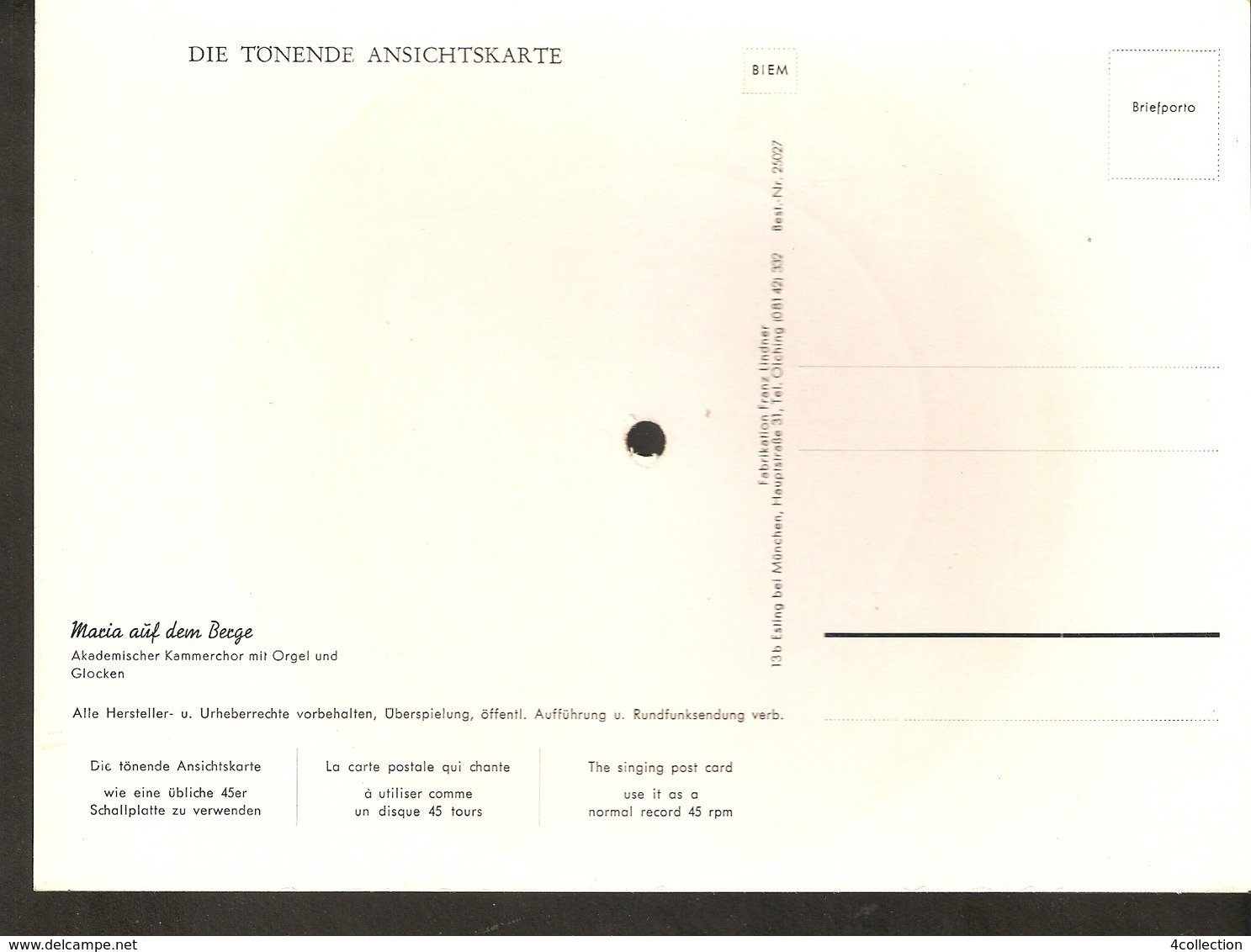 Old Musical 45rpm Record Postcard Schallbildkarte Maria Auf Dem Berge Kammerchor Mit Orgel Und Glocken - Other & Unclassified