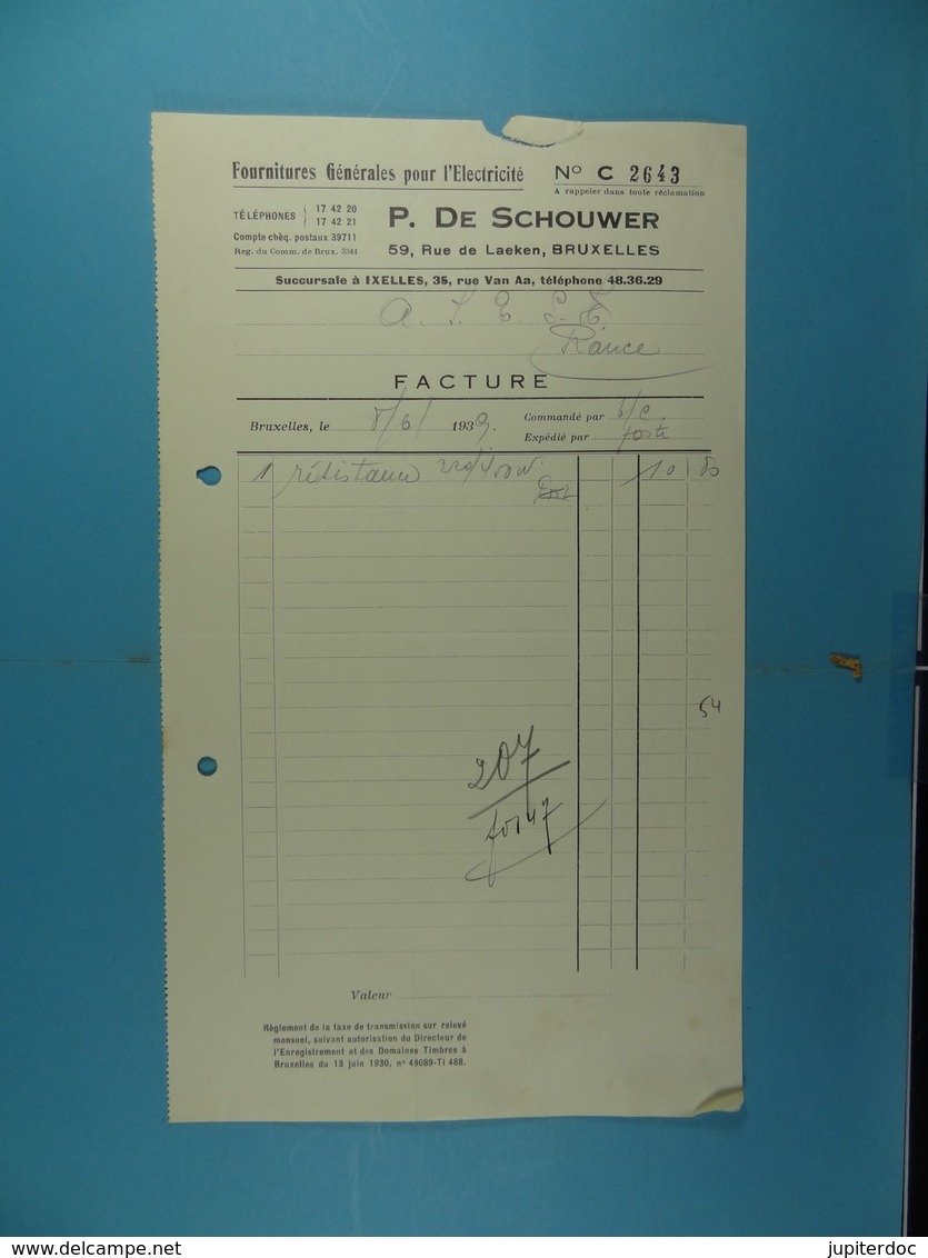 Fournitures Générales Pour L'Electicité P. Dr Schouwer Bruxelles /54/ - Elektriciteit En Gas