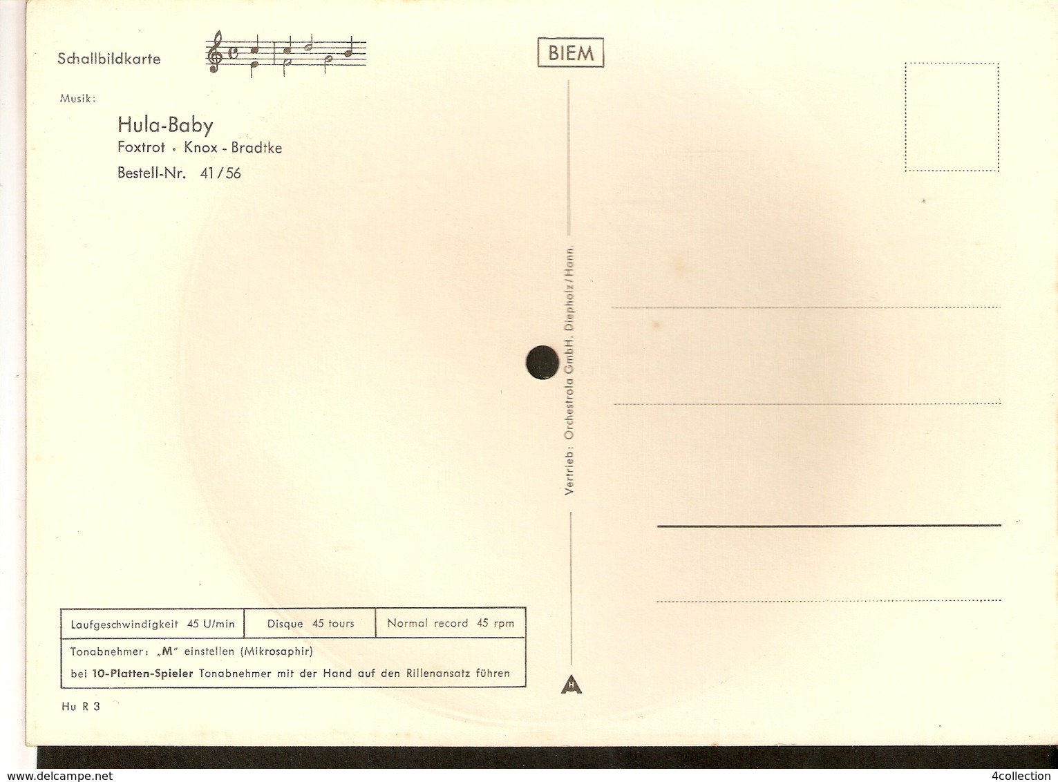 Old Musical 45rpm Record Postcard Hula-Baby Knox Bradtke Foxtrot Schallbildkarte Dog Poodle - Other & Unclassified