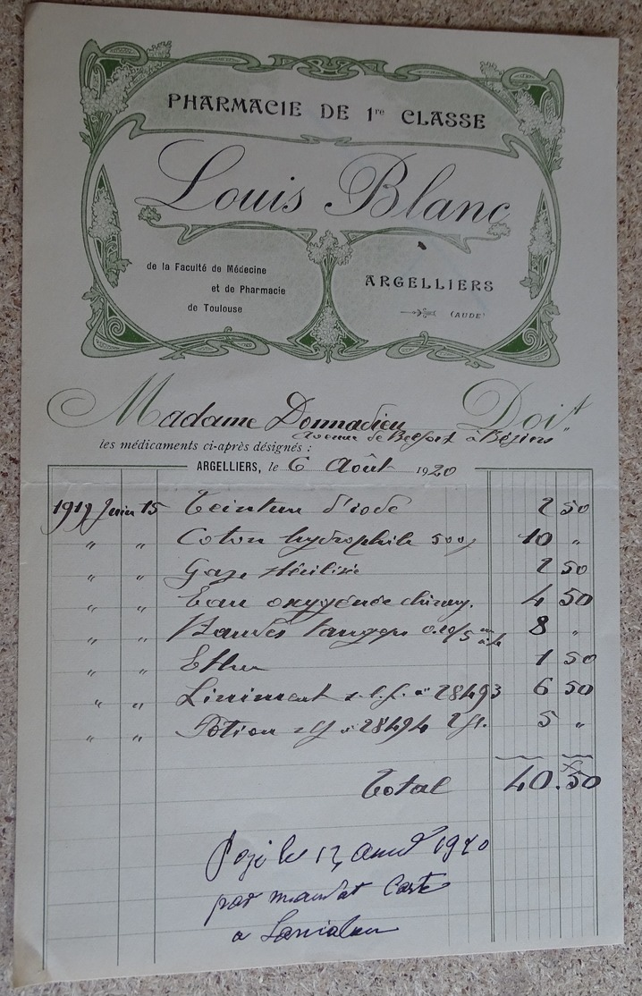 Facture Ancienne - Pharmacie De 1 ère Classe - Louis Blanc - Argelliers (aude) - 1920 - Autres & Non Classés