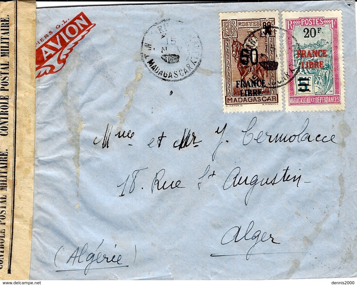 WWII -enveloppePAR AVION De Madagascar Affr.FRANCE LIBRE  N°258 Et N°255  20 F / 5 F  -censure Française - Storia Postale