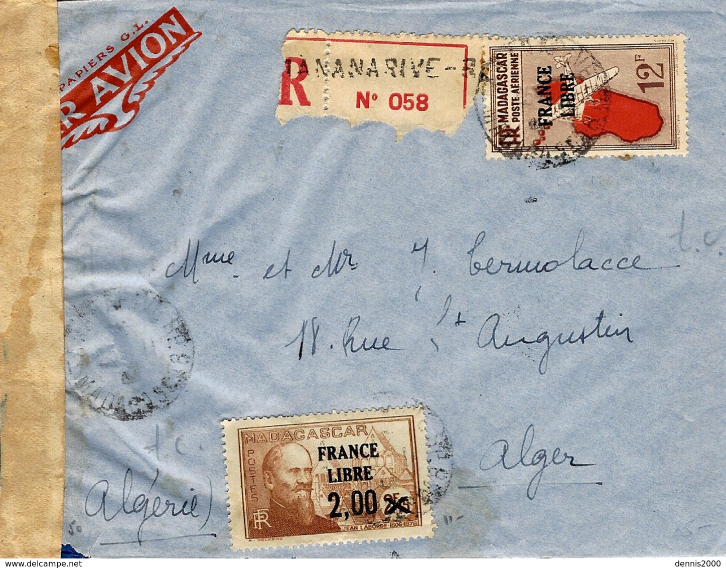 WWII -enveloppe PAR AVION De Madagascar Affr .FRANCE LIBRE  N° 264 + Ae 48 Censure Française - Covers & Documents
