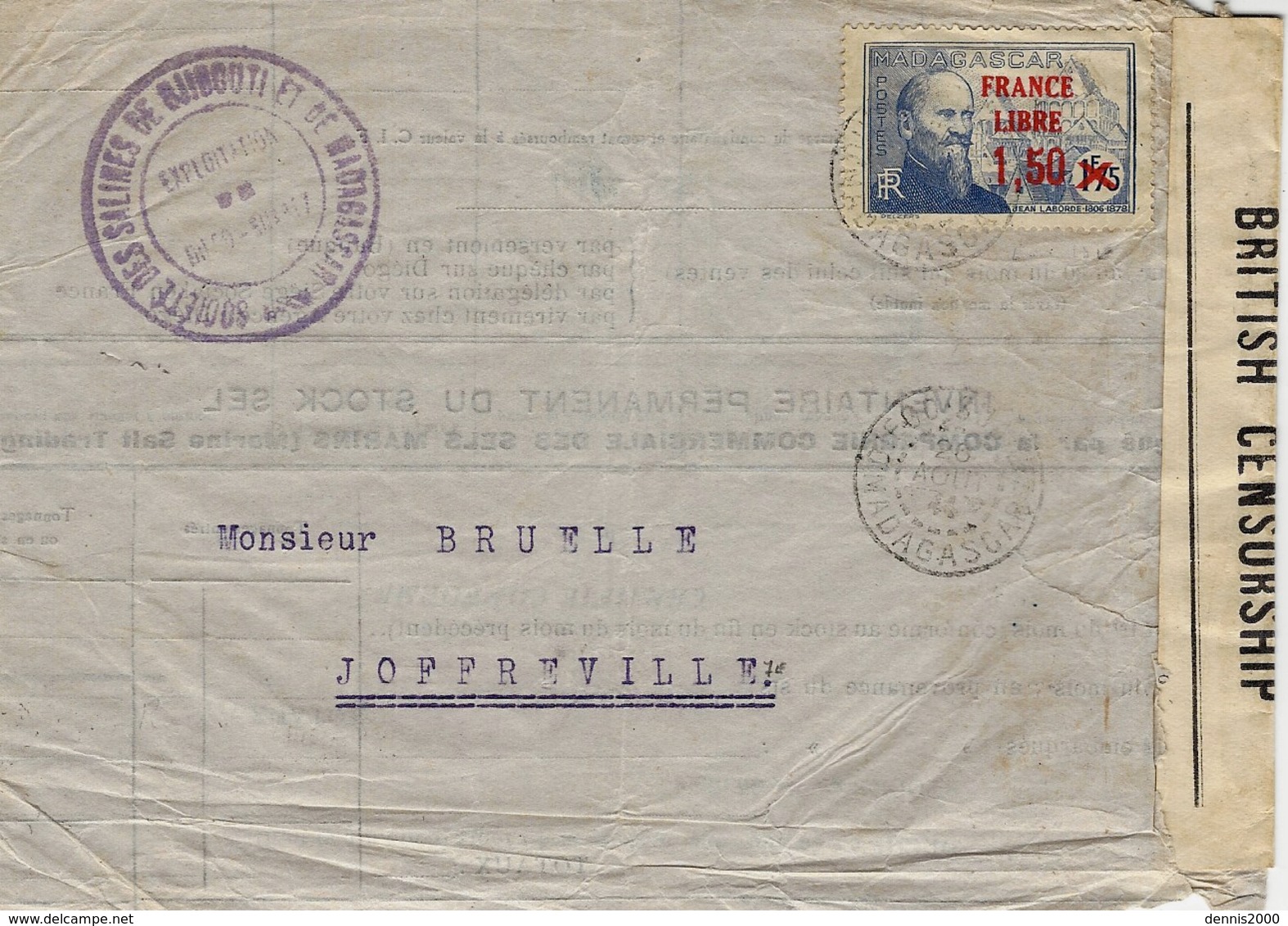 WWII -enveloppe  De Madagascar Affr .FRANCE LIBRE  N° 263 SEUL +  Censure Anglaise -courrier Local - Storia Postale