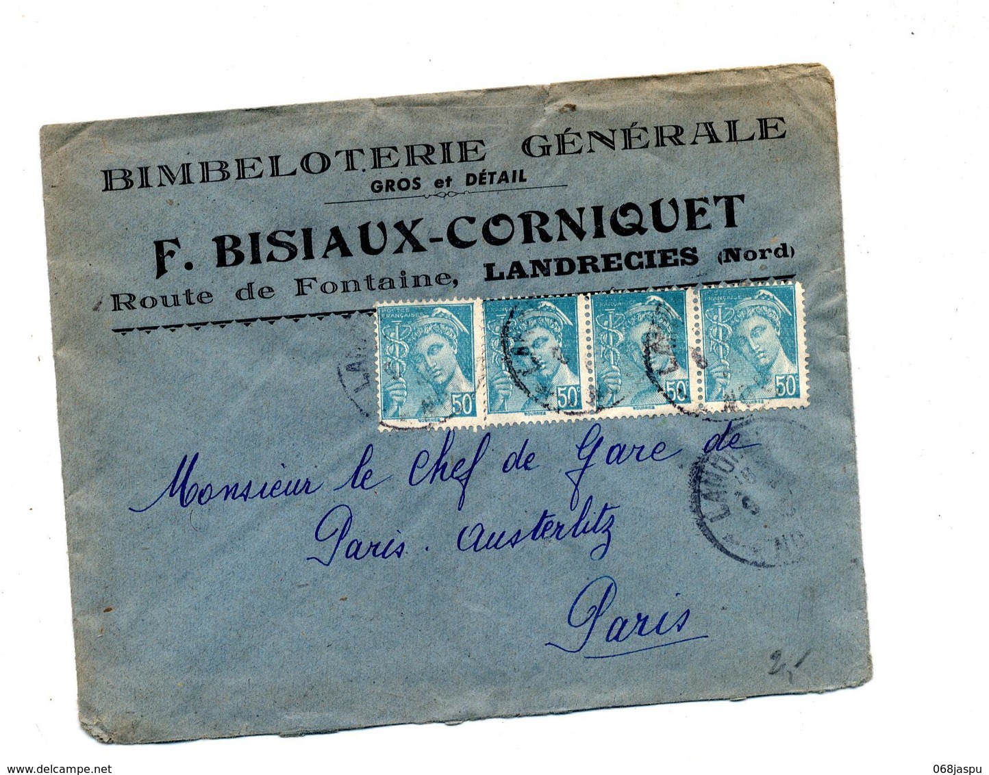 Lettre Cachet Landrecies Sur Mercure Entete Bimbeloterie  Bisiaux - Cachets Manuels