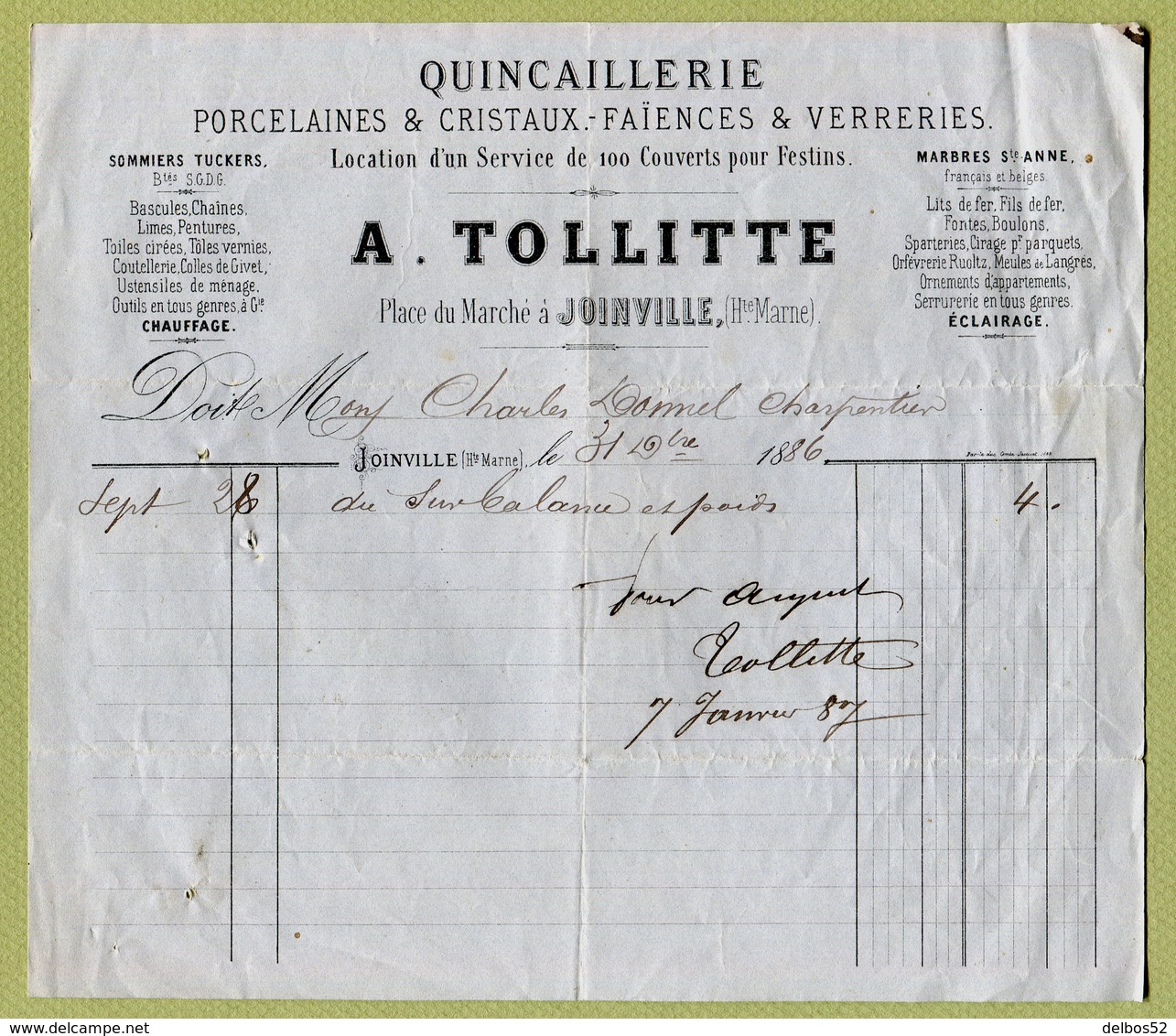 JOINVILLE  (52) : " QUINCAILLERIE  A. TOLLITTE "  1886 - 1800 – 1899