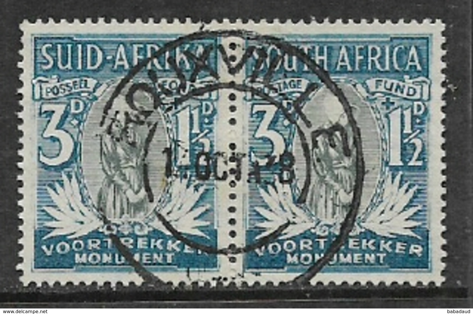 South Africa, 1933 -6, Voortrekker Monument, 3d, Pair, Used, ROUXVILLE 14 OCT 38 C.d.s. - Used Stamps