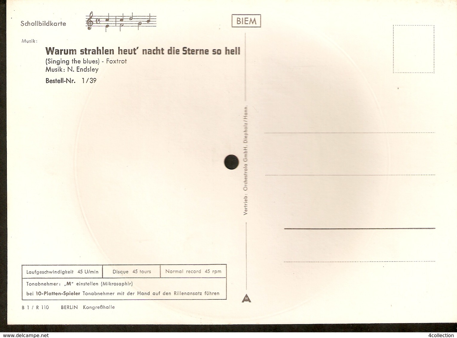 Musical 45rpm Record Postcard Schallbildkarte BERLIN Kongresshalle Endsley Warum Strahlen Heut' Nacht Die Sterne So Hell - Other & Unclassified