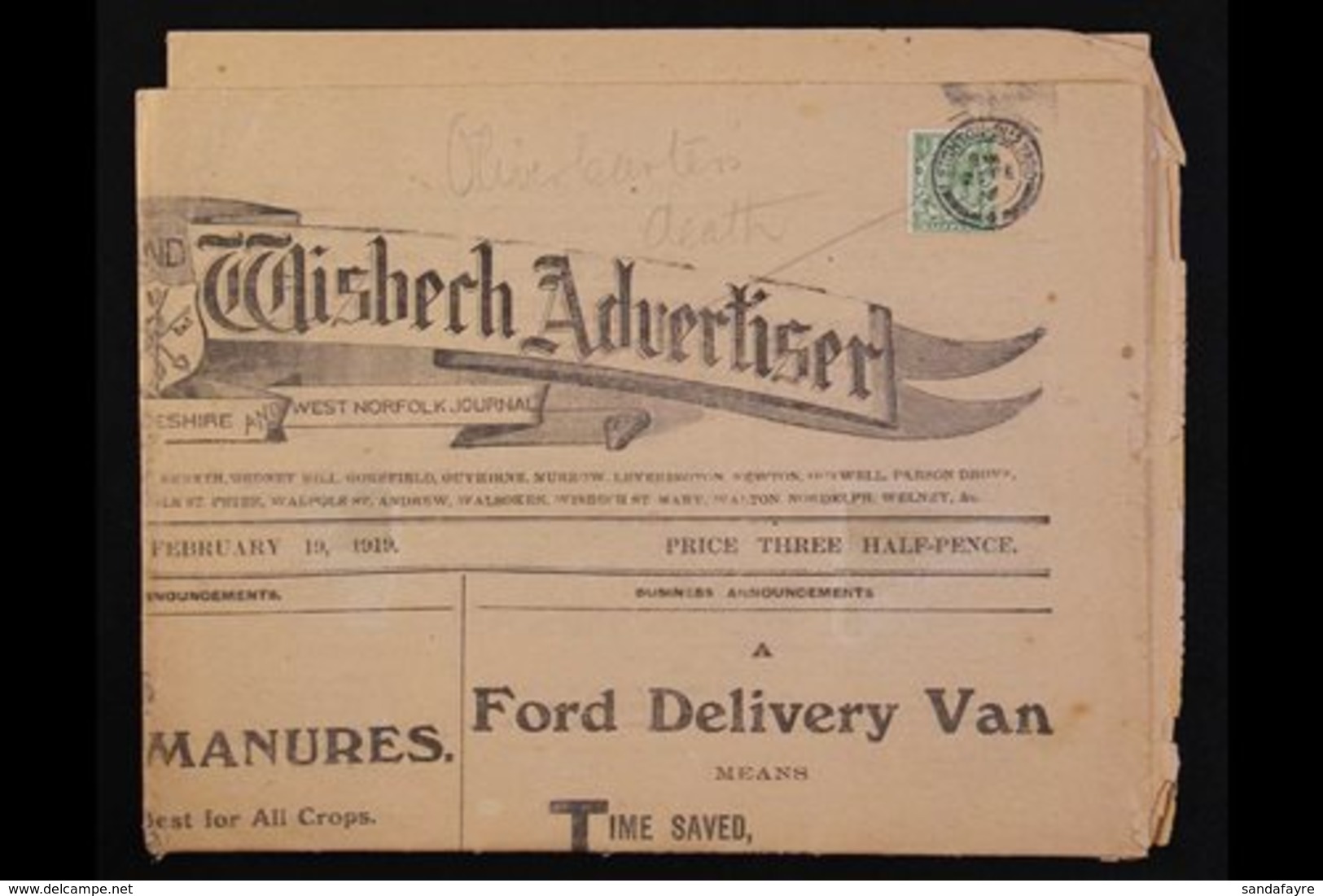 EPHEMERA  1919 Newspaper, "The Isle Of Ely And Wisbech Advertiser" Franked With KGV ½d At Top, Tied By Leighton Buzzard  - Sonstige & Ohne Zuordnung