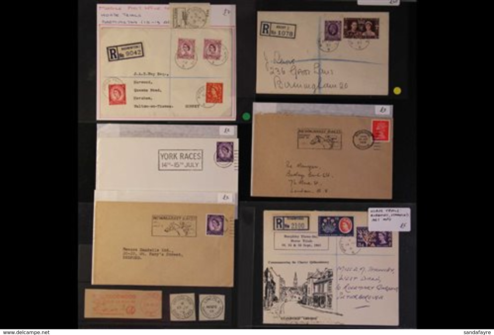 HORSE RACING  POSTMARKS - Group Of Items Incl. 1937 Mobile Post Office Reg'd Cover From Ascot, 1958 Similar Reg'd Cover  - Ohne Zuordnung