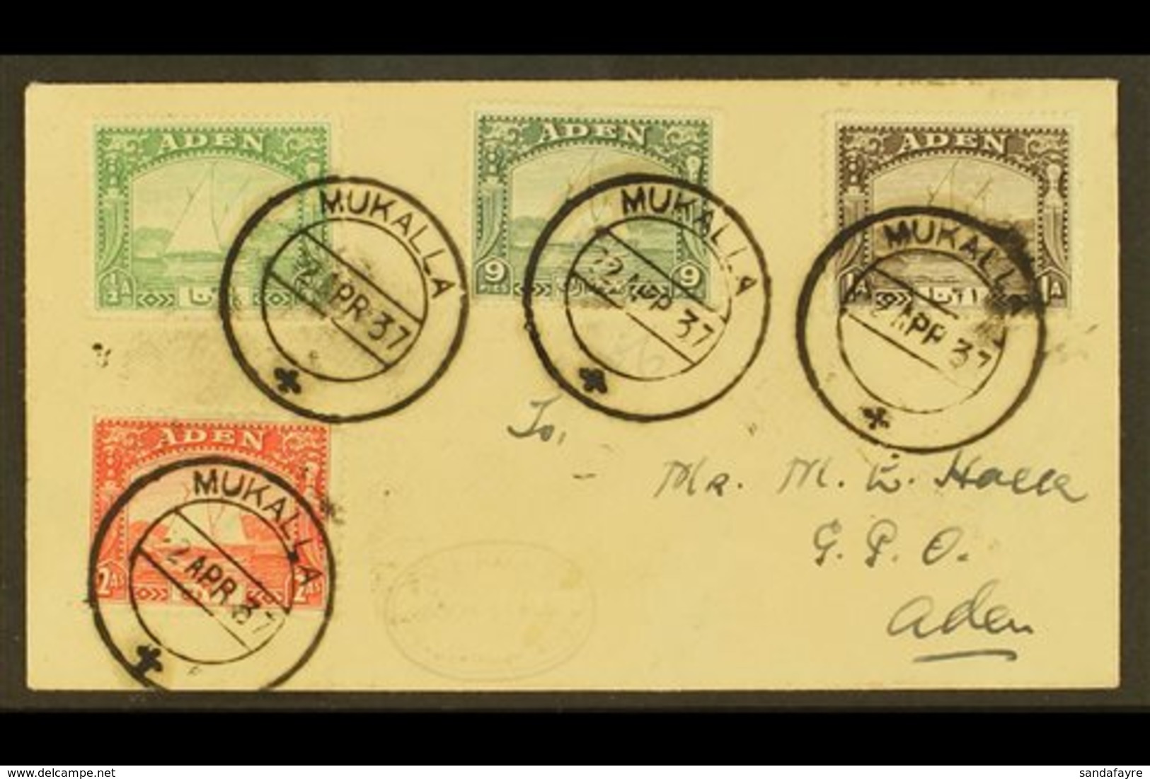 1937  Cover Franked ½a, 9p, 1a & 2a Dhows, Tied Mukalla 22 APR 37 Postmarks, Blue Registration Label On Reverse, Tied By - Aden (1854-1963)