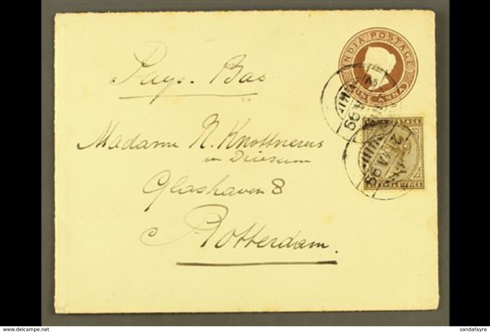 INDIA USED IN ADEN  1899 (21 Mar) India 1a Postal Stationery Envelope, Uprated With 1a6p Adhesive, To Rotterdam, Tied By - Aden (1854-1963)