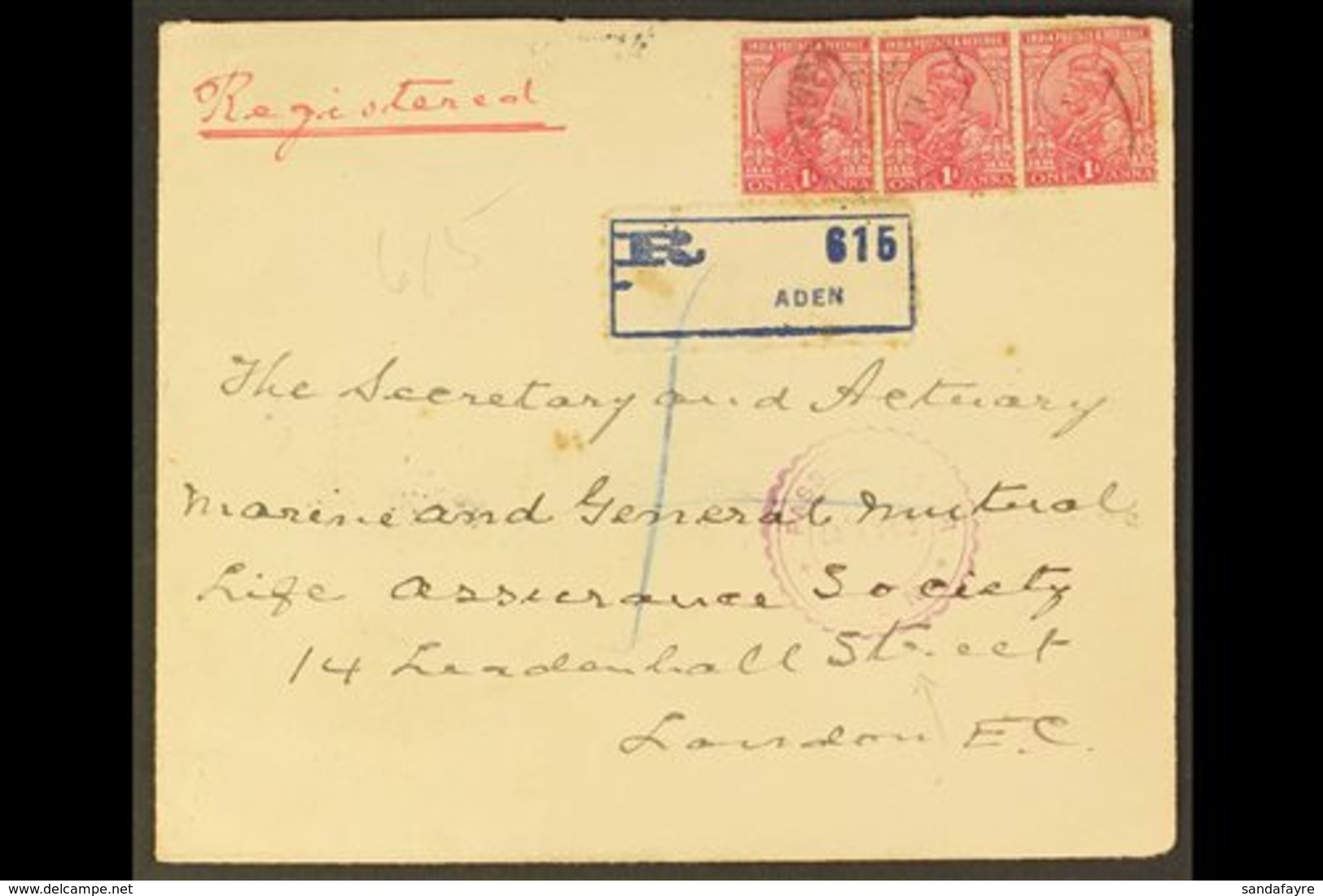 INDIA USED IN ADEN  1917 Reg'd Cover To London, Franked India 1a KGV X3, Tied By Aden C.d.s. Postmarks, Aden Registratio - Aden (1854-1963)