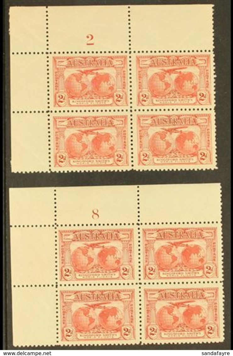 1931  2d Carmine Kingsford Smith, Plates 2 & 8 In PLATE BLOCKS Of 4, SG 121, Plate 2 Lightly Hinged On Margin, Plate 8 N - Other & Unclassified