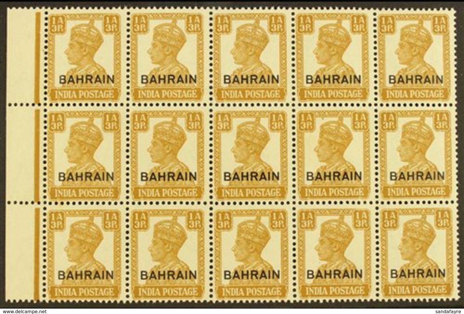 1942-45  1a3p Bistre, SG 42, Never Hinged Mint Marginal BLOCK OF 15 Stamps. Lovely (1 Block Of 15) For More Images, Plea - Bahrain (...-1965)