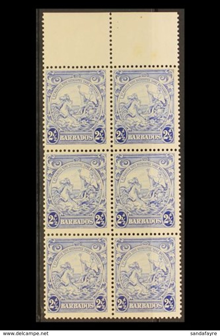 1938  2½d Ultramarine Badge Of The Colony, Upper Marginal Vertical Block Of Six, Positions 1/3, 2/3 And 3/3 Showing Mark - Barbados (...-1966)