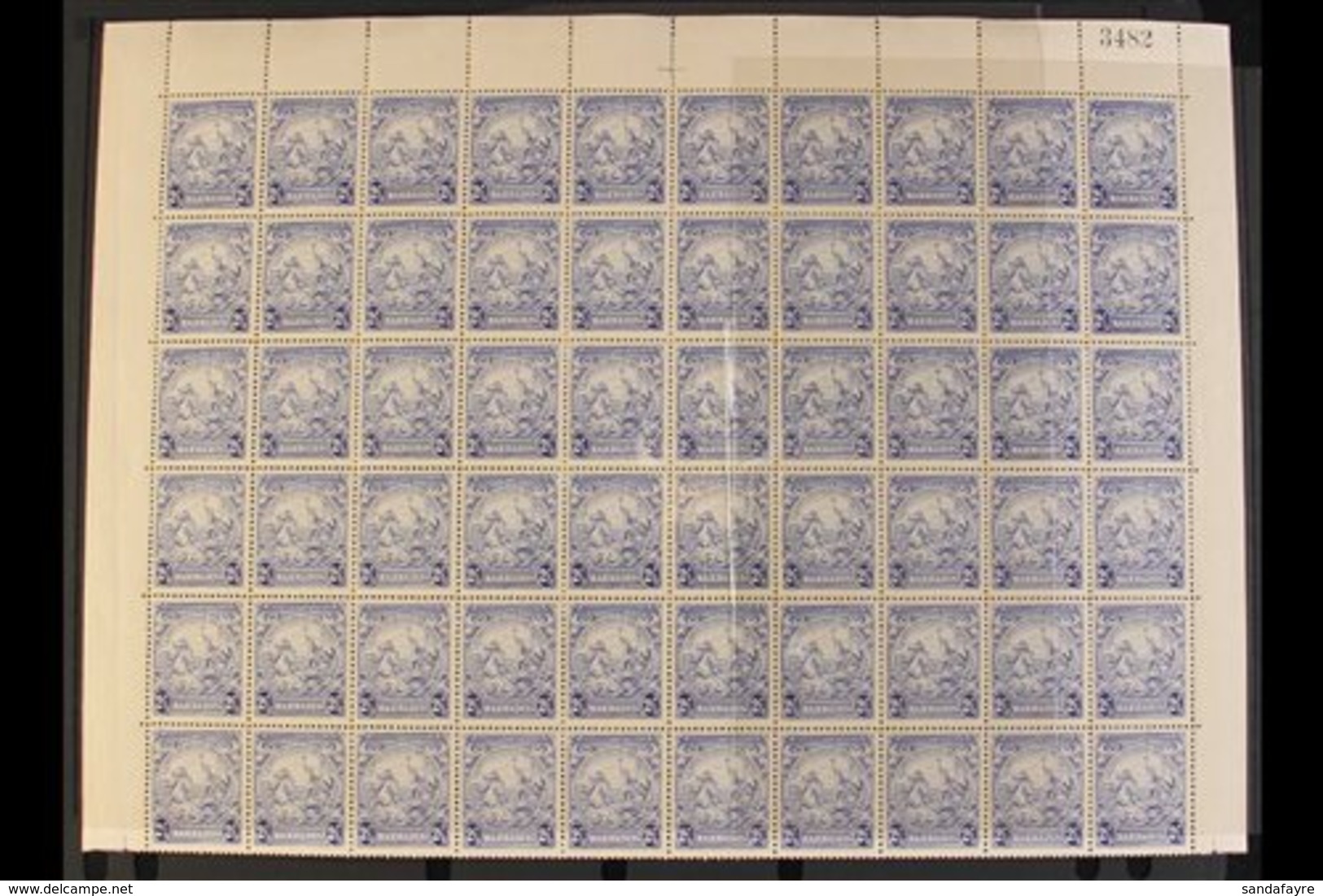 1938-47  2½d Ultramarine (SG 251) - A Never Hinged Mint COMPLETE SHEET With Full Margins, Includes Three "Mark On Centra - Barbados (...-1966)