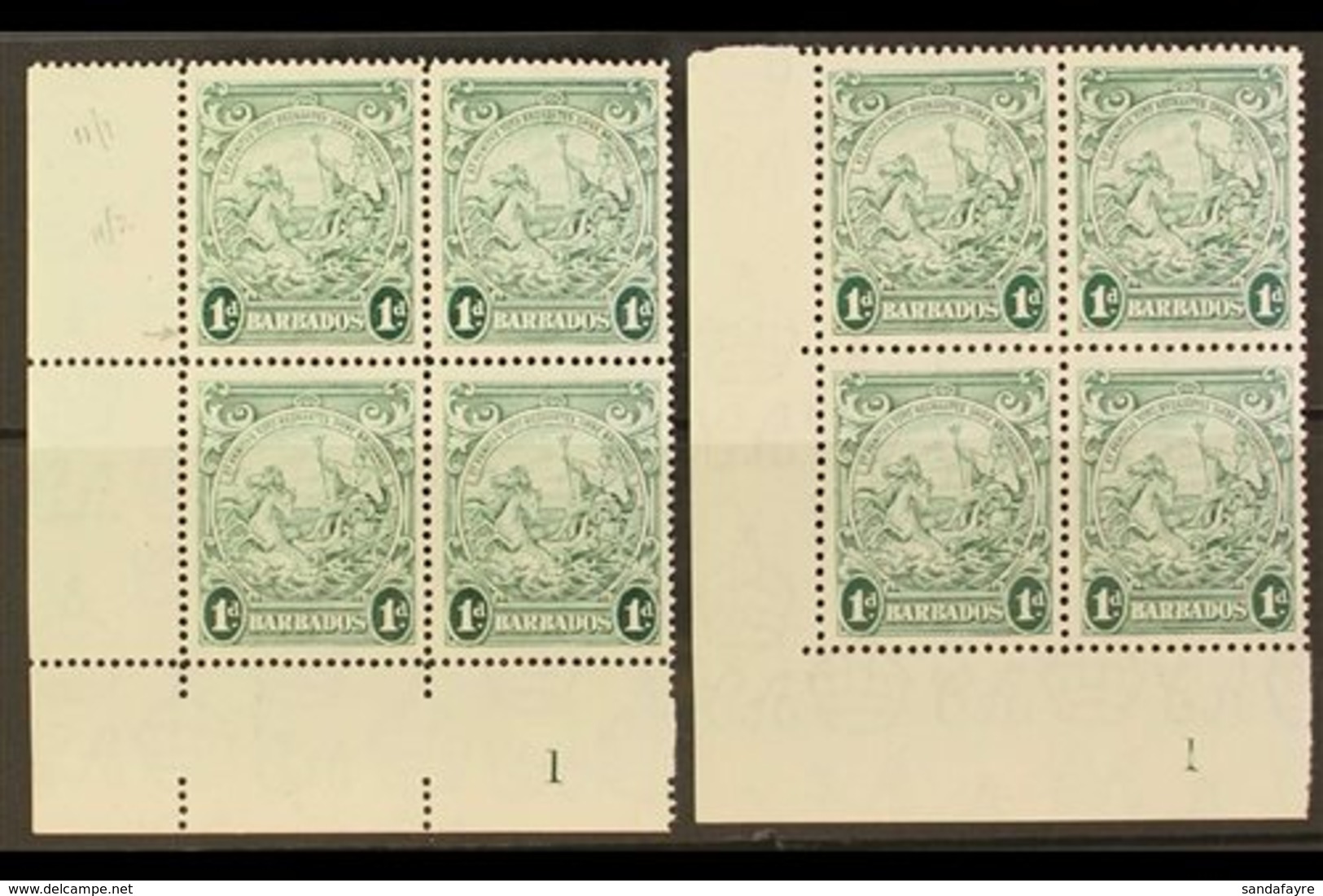 1942  1d Green Badge Of The Colony, The Two Perfs SG 249b And 249bc, In Matching Lower Left Corner Plate Number Blocks O - Barbados (...-1966)