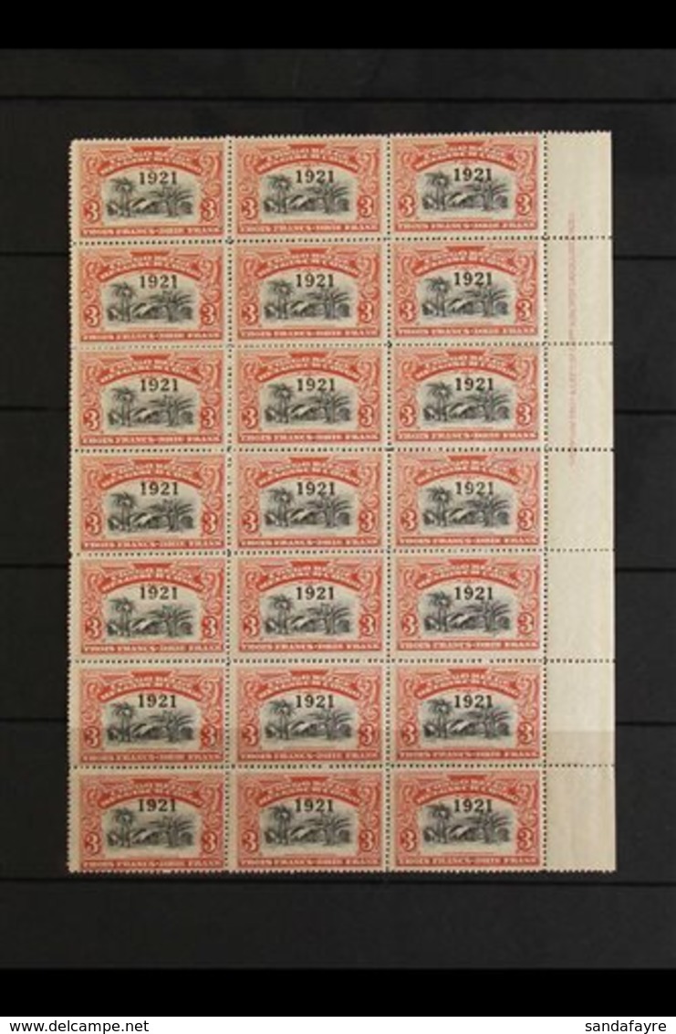 BELGIAN CONGO  1921 3f. red "1921" Overprint, COB 92, Right Marginal Block Of Twenty One (3 X 7), Showing Full Imprint,  - Sonstige & Ohne Zuordnung