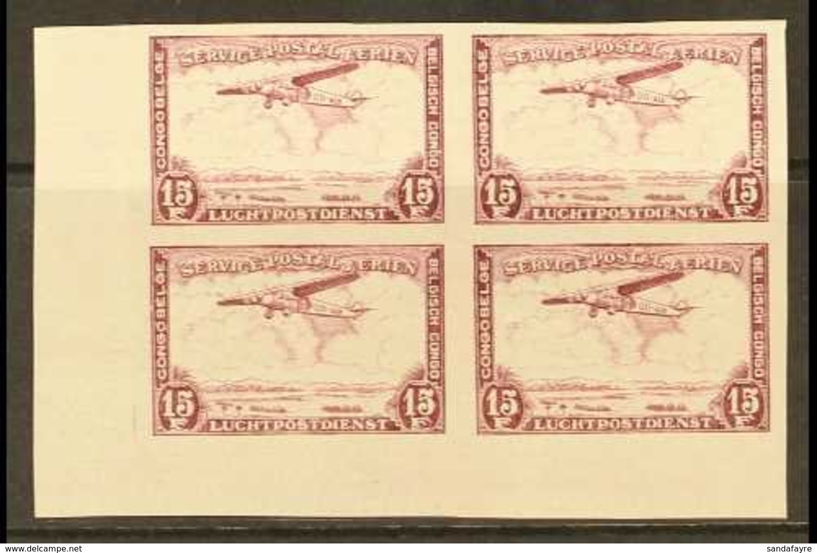 BELGIAN CONGO  1934 Air 15f Lilac, COB PA 13ND, IMPERF Lower Left Corner Block Of Four, Fine Nhm. For More Images, Pleas - Other & Unclassified