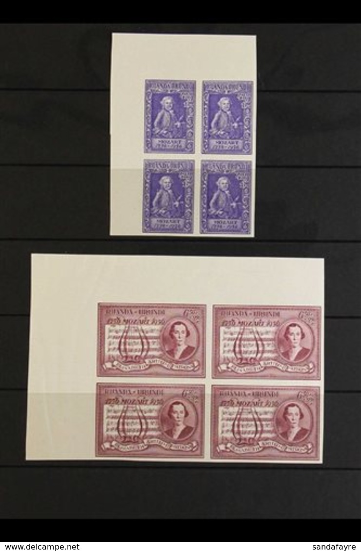 RUANDA URUNDI  1956 Mozart Set IMPERF, COB 200/201ND, Never Hinged Mint Upper Left Corner Blocks Of Four. (8 Stamps) For - Other & Unclassified