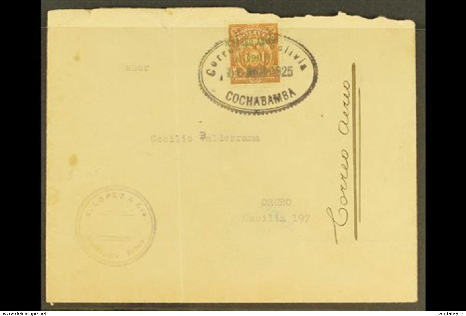 1925  (10 Aug) Env To Oruro Bearing The 1925 50c "CORREO AERO A ORURO 11 - 8 - 1925" Opt Stamp (Michel 149, Sanabria 2)  - Bolivia