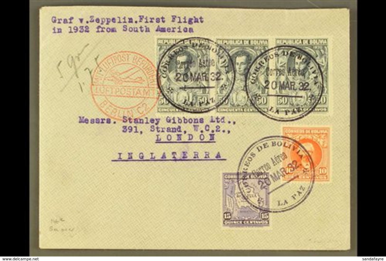 1932  1st SOUTH AMERICA - EUROPE ZEPPELIN FLIGHT, Cover To UK Franked Selection Of Bolivian Stamps Tied By La Paz Cds Ca - Bolivia