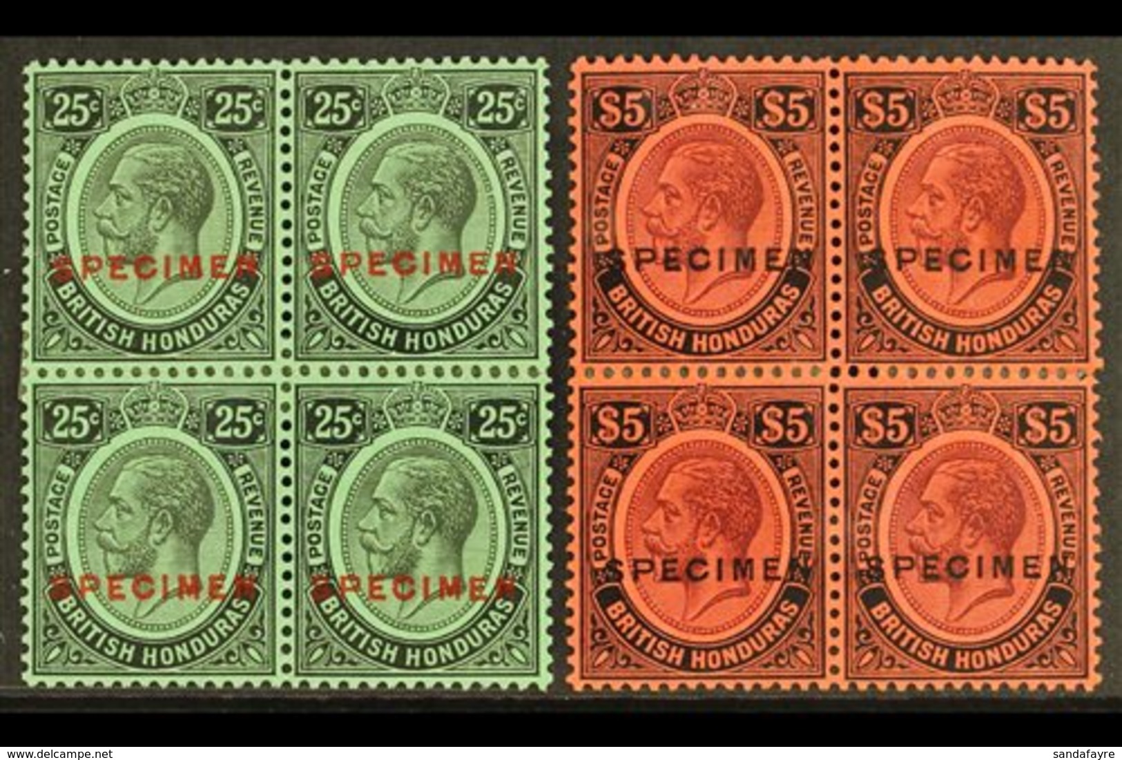 1922  25c Black On Emerald Overprinted "Specimen" In Red And $5 Purple And Black On Red Ovptd "Specimen" In Black, SG 12 - Britisch-Honduras (...-1970)