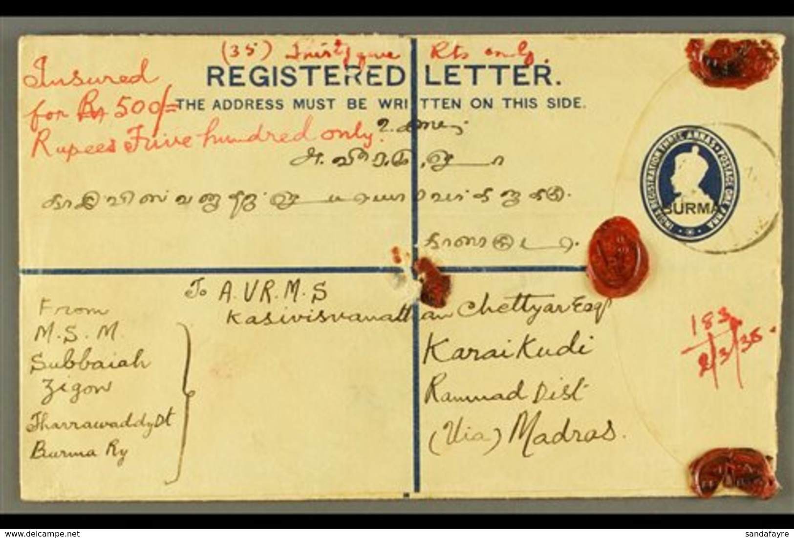 1938  (March) Overprinted 3a And 1a Registered Envelope , Bearing Additional Overprinted 1a, 3a And 1r Tied By Zigon Cds - Burma (...-1947)