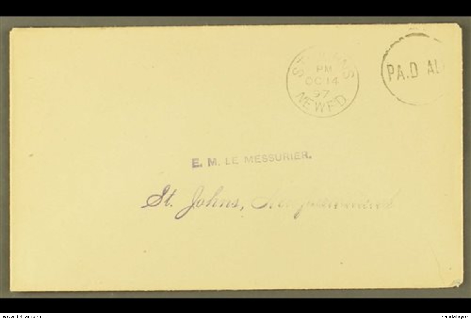 1897  (Oct) Provisional St Johns 1c "PAID ALL" Hand Stamp On Local Cover, Introduced During Shortage Of 1c Stamps For Lo - Andere & Zonder Classificatie