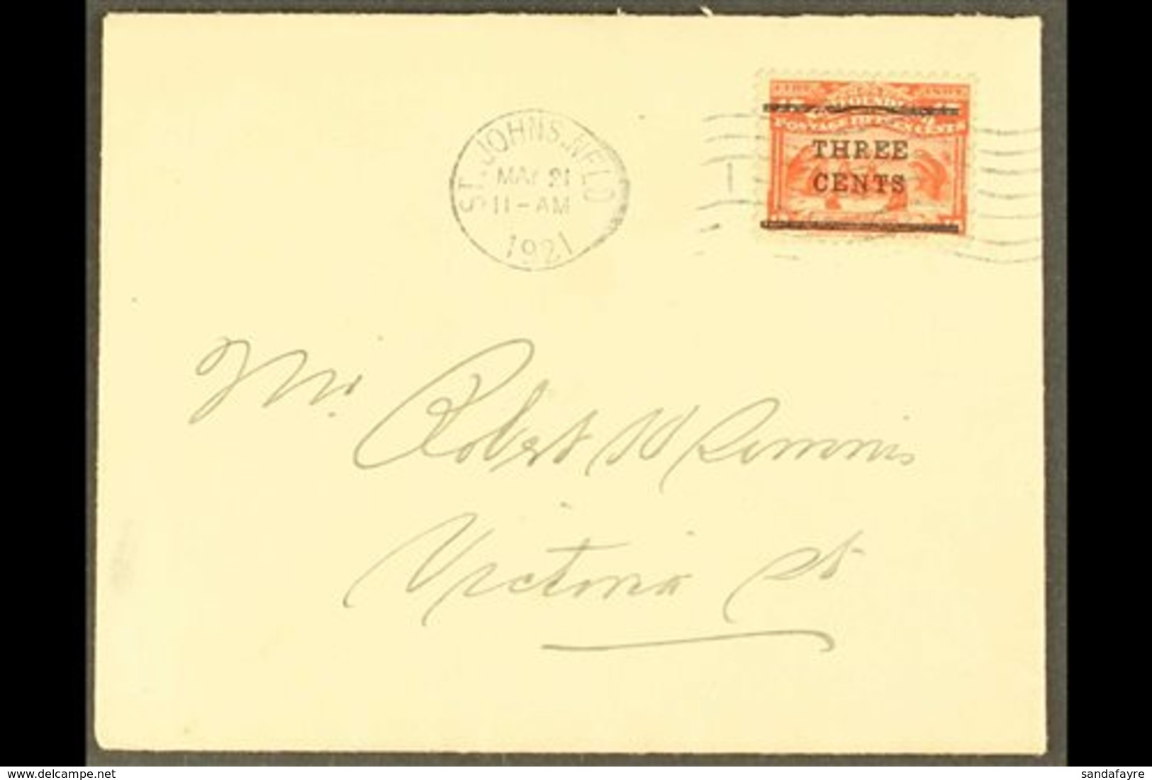 1921  (May 21) Neat Local Cover Bearing 3c On 15c Bright Scarlet, SG 146, Tied By St John's Machine Cancel. For More Ima - Sonstige & Ohne Zuordnung