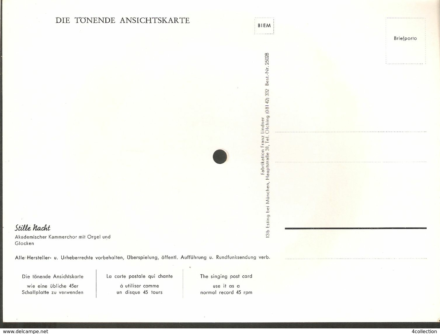 Old Musical 45rpm Record Singing Postcard Stille Nacht Akademischer Kammerchor Mit Orgel Und Glocken - Other & Unclassified