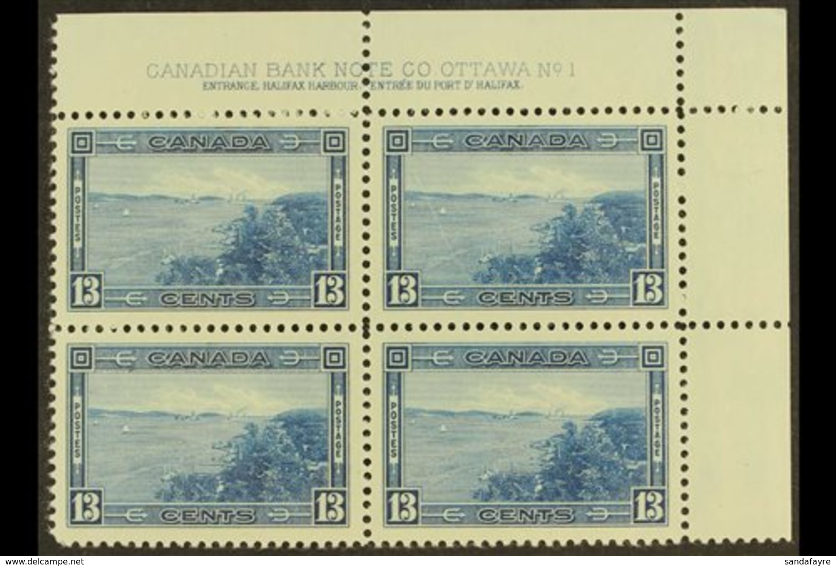 1937-8  13c Blue, Halifax Harbour, Top Right Plate Block Of Four, SG 364, Never Hinged Mint. For More Images, Please Vis - Other & Unclassified