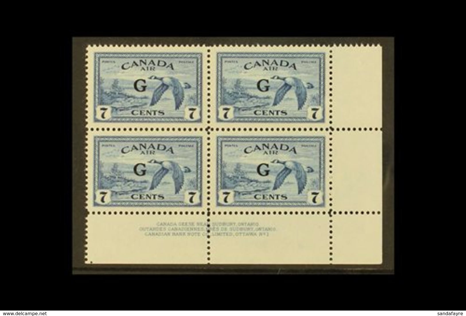 OFFICIAL  1950-52 7c Blue Air (Canada Geese) With "G" Overprint, SG O190, Never Hinged Mint Lower Right Corner BLOCK OF  - Other & Unclassified