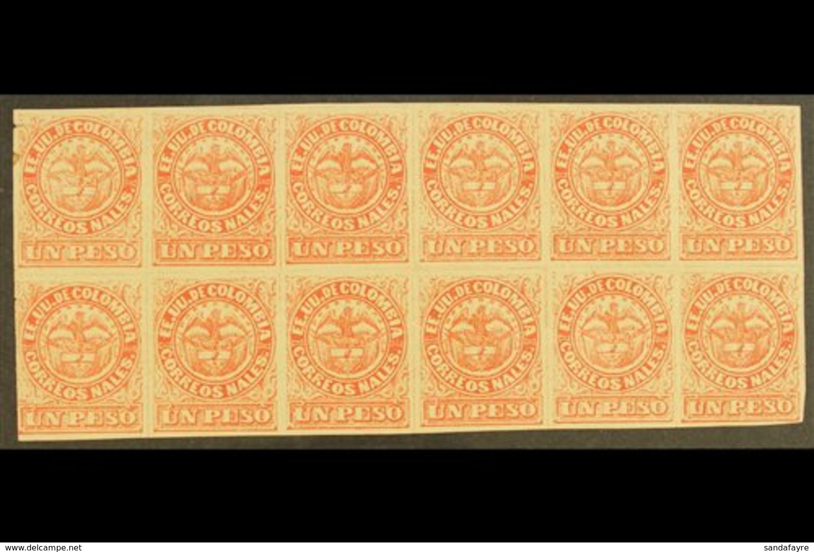 1868  1p Rose Red Type I, Scott 57b, An Impressive Mint BLOCK OF TWELVE (6 X 2), Several Lines Of Creasing And With Some - Colombia