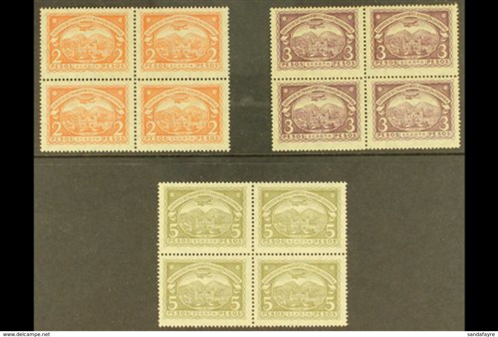 SCADTA  1923 2p Red Orange, 3p Violet And 5p Olive Green (Scott C48/50, Mi 37/39) In Fine Mint BLOCKS OF FOUR, Minor Gum - Colombia