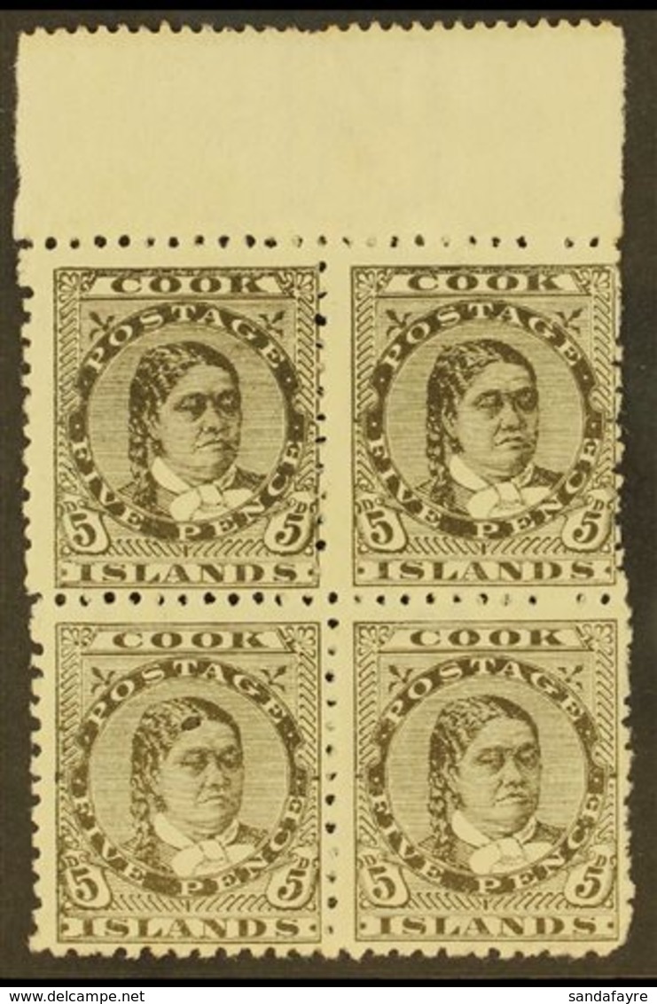 1893-1900  5d Olive-black Queen, SG 9, Upper Marginal Block Of Four, Very Fine Mint With Three Never Hinged.  For More I - Cookinseln