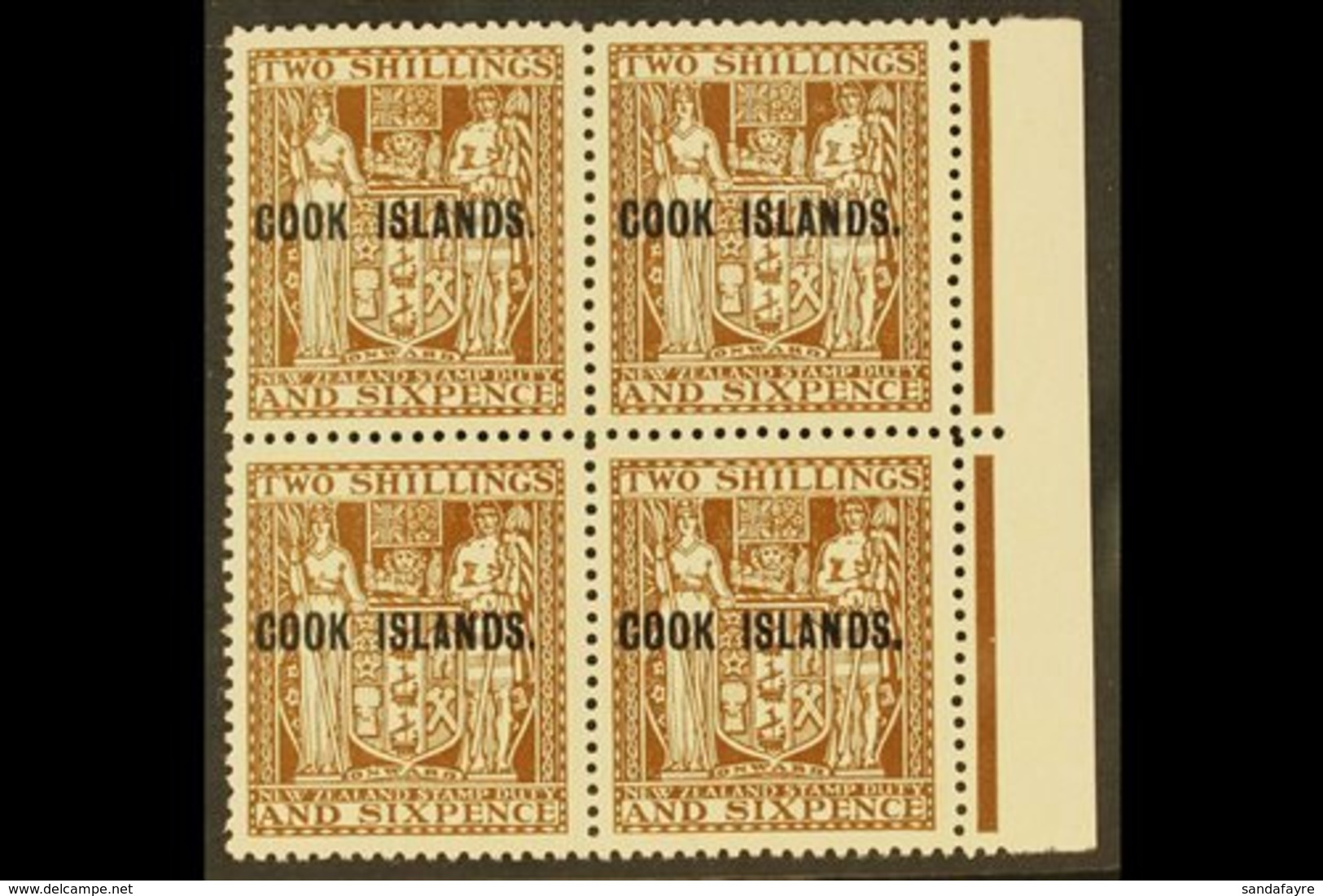 1943-54  2s.6d Dull Brown Arms, Upright Watermark, SG 131, Right Marginal Block Of Four, Very Fine Mint With The Lower P - Cook Islands